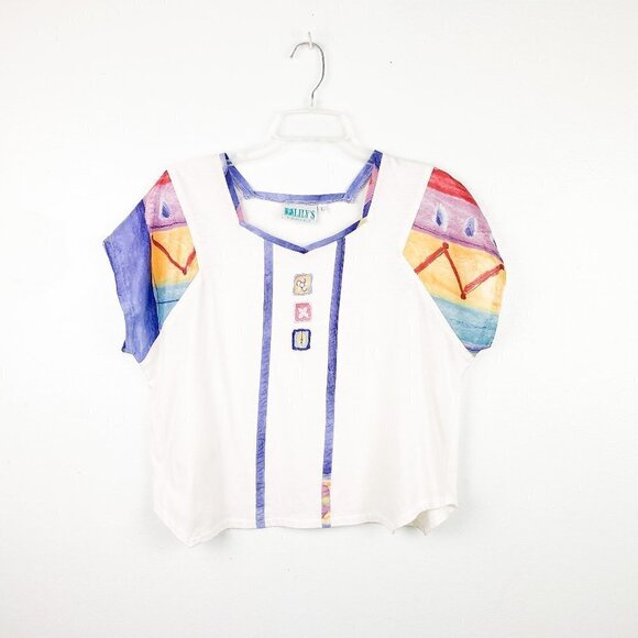 🦋  VINTAGE Lily's Retro White Printed Top Large Colorful 80s Casual Large - Picture 1 of 4